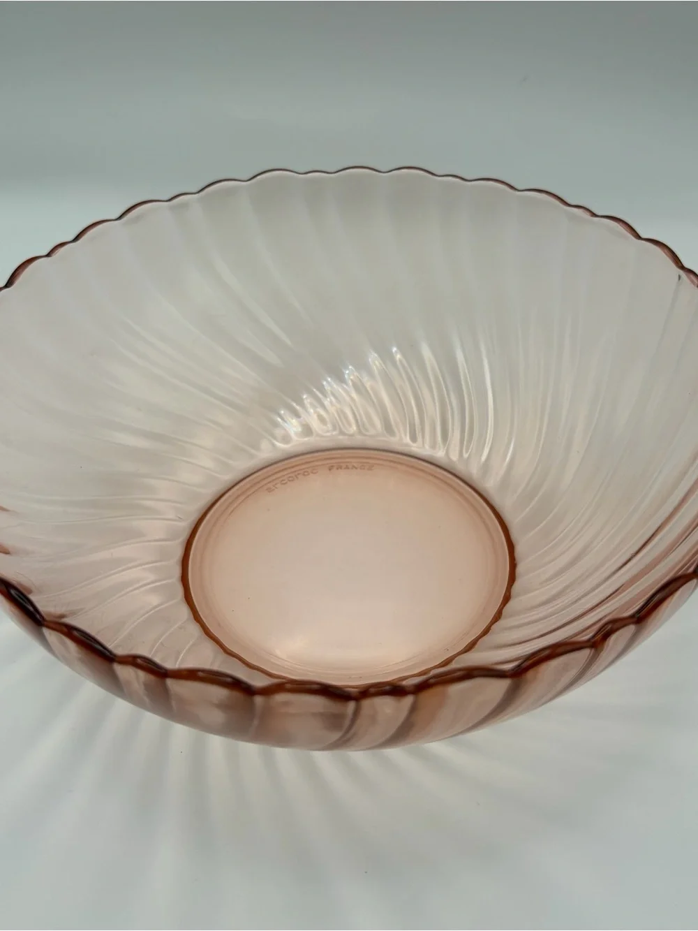 Vintage Arcoroc Rosaline Pink Swirl Glass Bowl France Scalloped Rim 9”